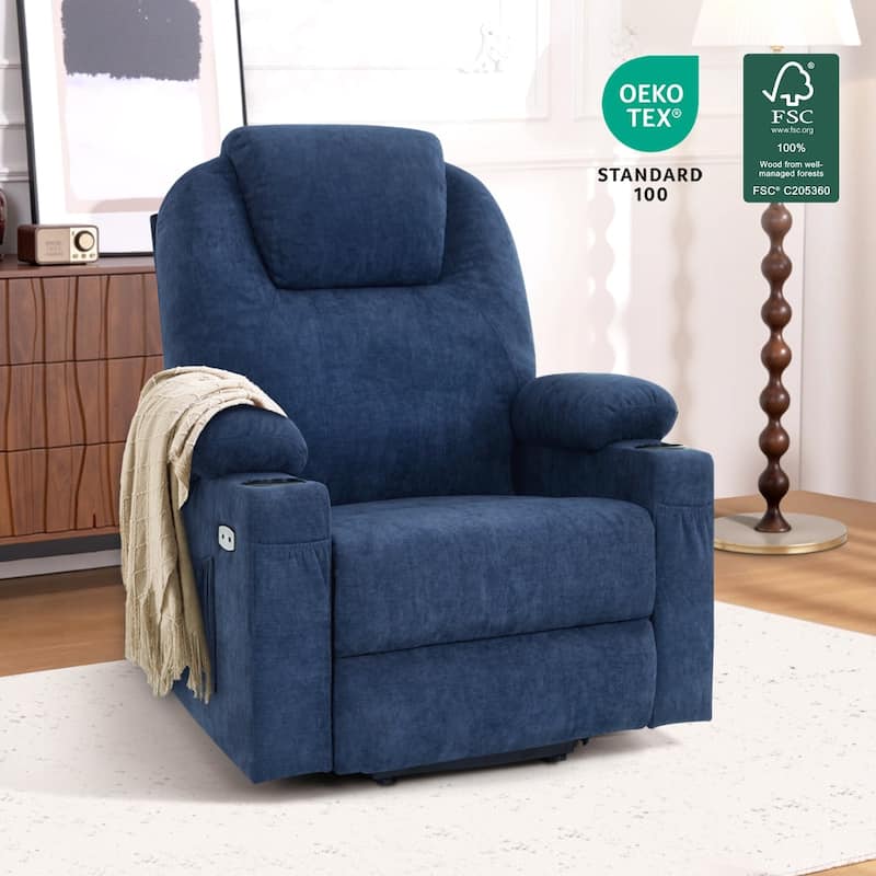 MCombo Large Power Lift Recliner Chair with Massage, Cup Holders, Extended Footrest, Fabric 7516 - Admiral