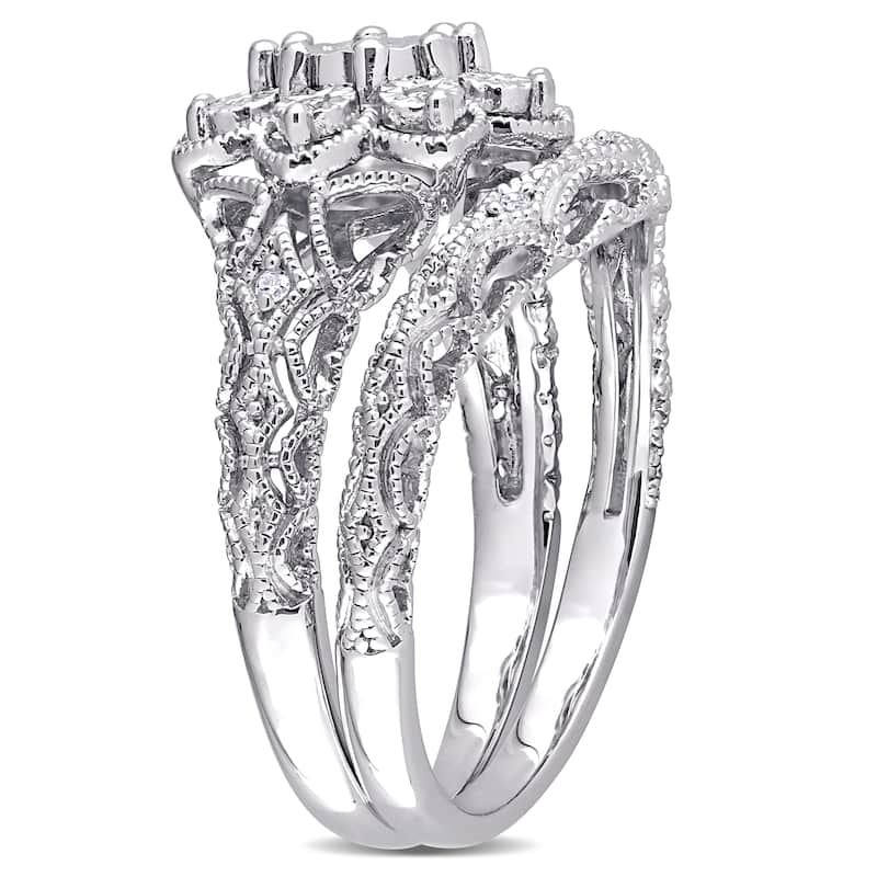 Miadora Sterling Silver 1/10ct TDW Diamond Floral Vintage Bridal Ring Set