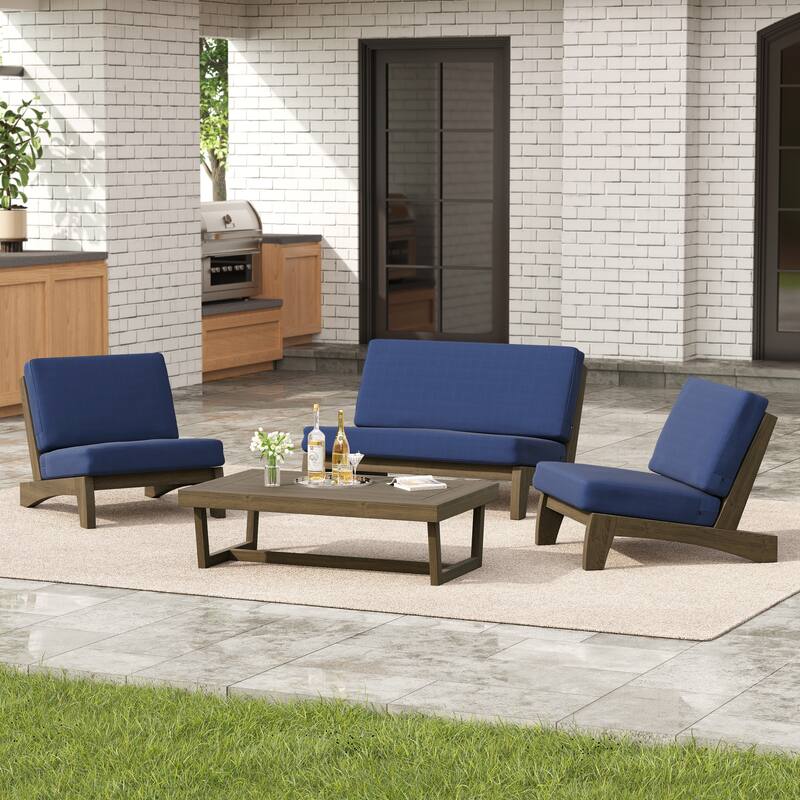4 Set Outdoor Patio Teak Wood Club Chairs Loveseat with Coffee Table - Navy - NaturalFrame
