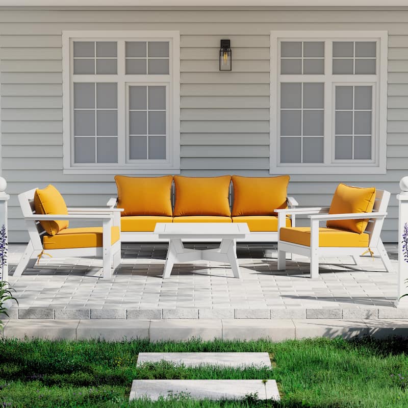 Birchwood All Weather HDPE Outdoor Patio White Deep Seating Conversation Set (6-Piece Set) - White/Yellow