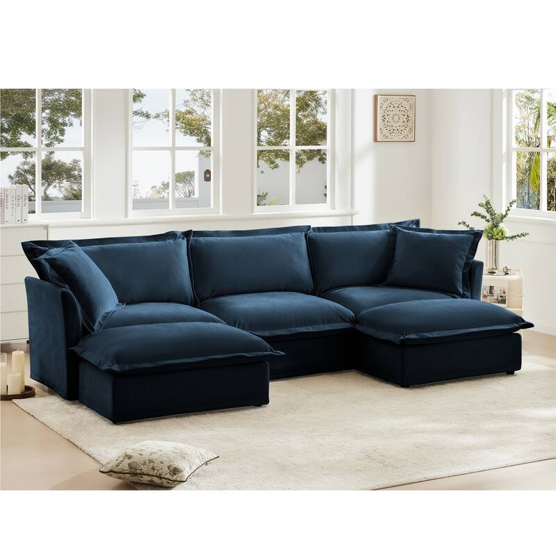 3-Seater Slipcovered U-Shape Sectional Deep Seat Sofa Couch with 2 Ottomans