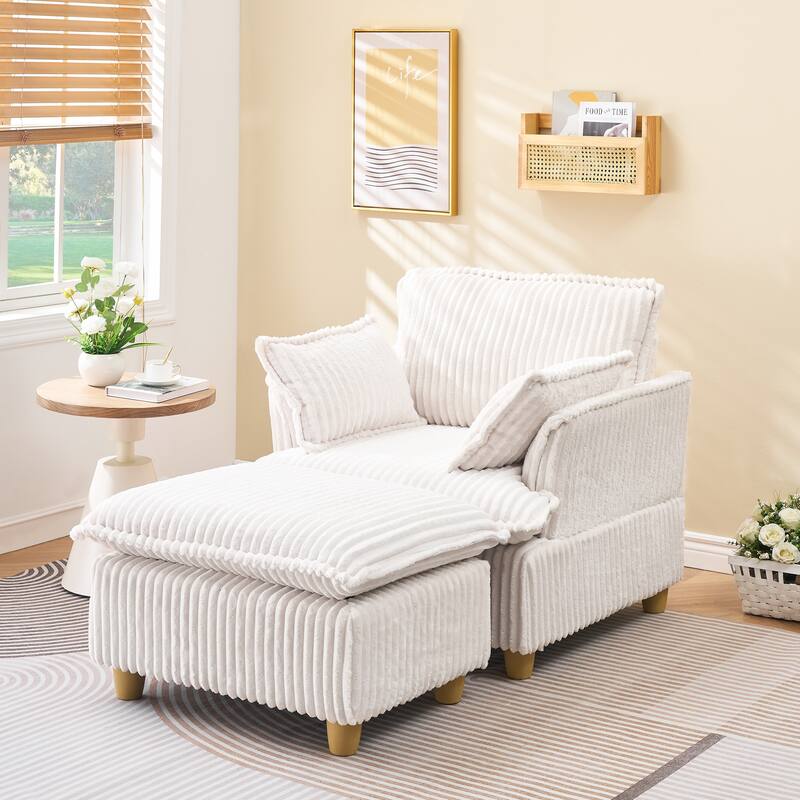 Single Sofa with Ottoman, Comfy Corduroy Upholstered Armchair, Lounge Chair with Throw Pillows for Living Room, Balcony