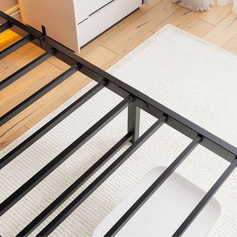 Modern Metal Bed with Wooden Headboard, RGB Lights & Storage Shelf