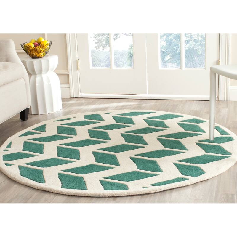 SAFAVIEH Handmade Chatham Aloyse Modern Wool Rug - 5' Round - Teal/Ivory