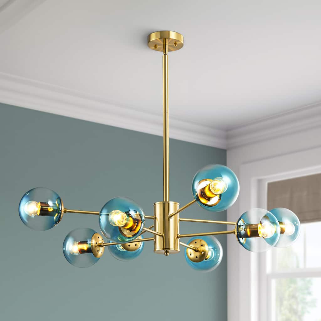 8-Light Modern 2-Tier Sputnik Linear Cluster Gradient Blue Clear Glass Globe Bubble Chandelier