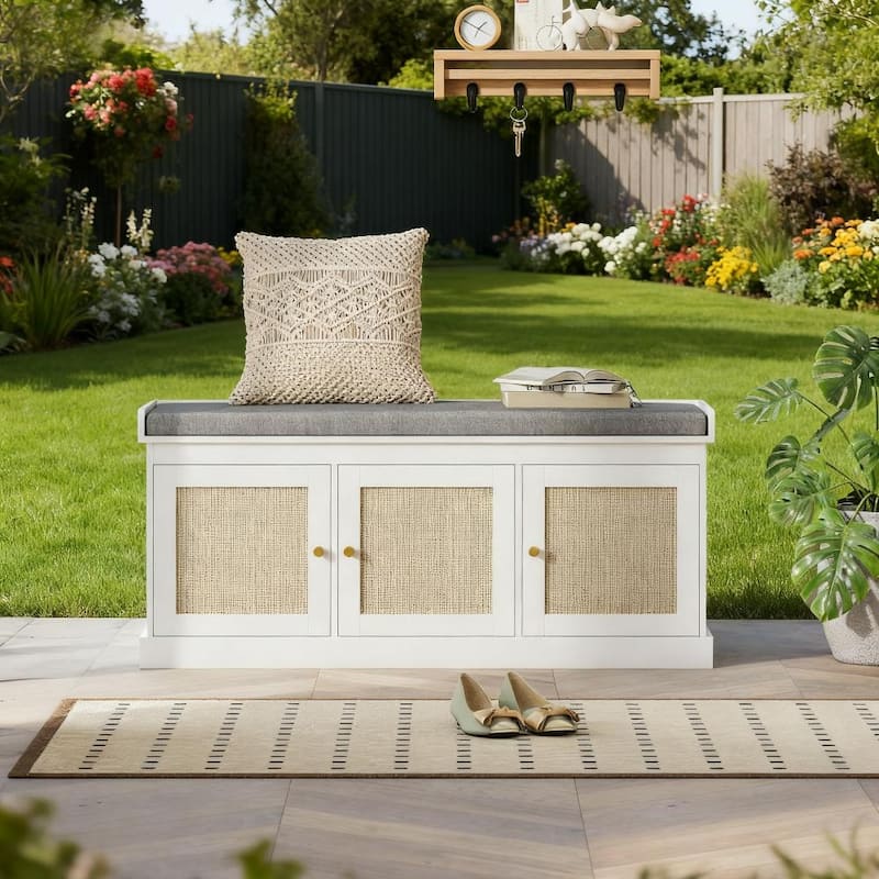 Shoe Storage Bench with Woven Rattan Doors, Shoe Bench with Cushion