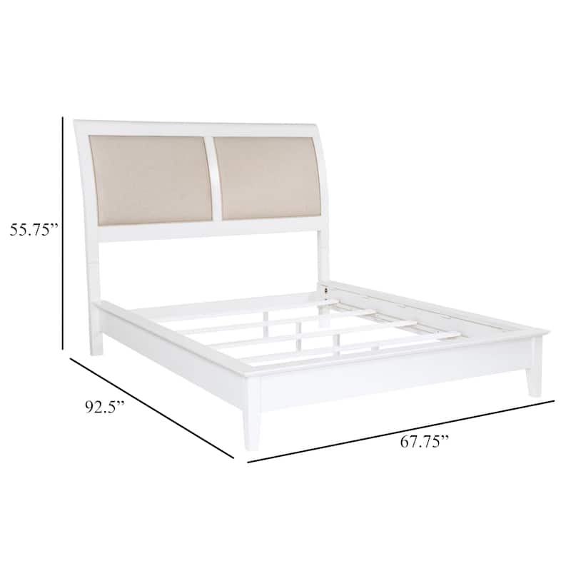 Heo Queen Size Bed, Sleigh Beige Upholstered Headboard, White Wood