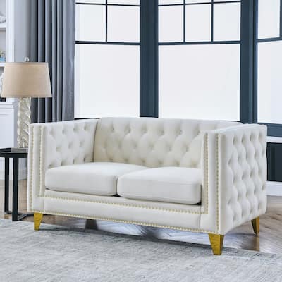 Modern Tufted Loveseat Sofa with Gold Legs, Velvet Upholstered Couch with Nailhead Trim for Living Room, Bedroom, Office Decor
