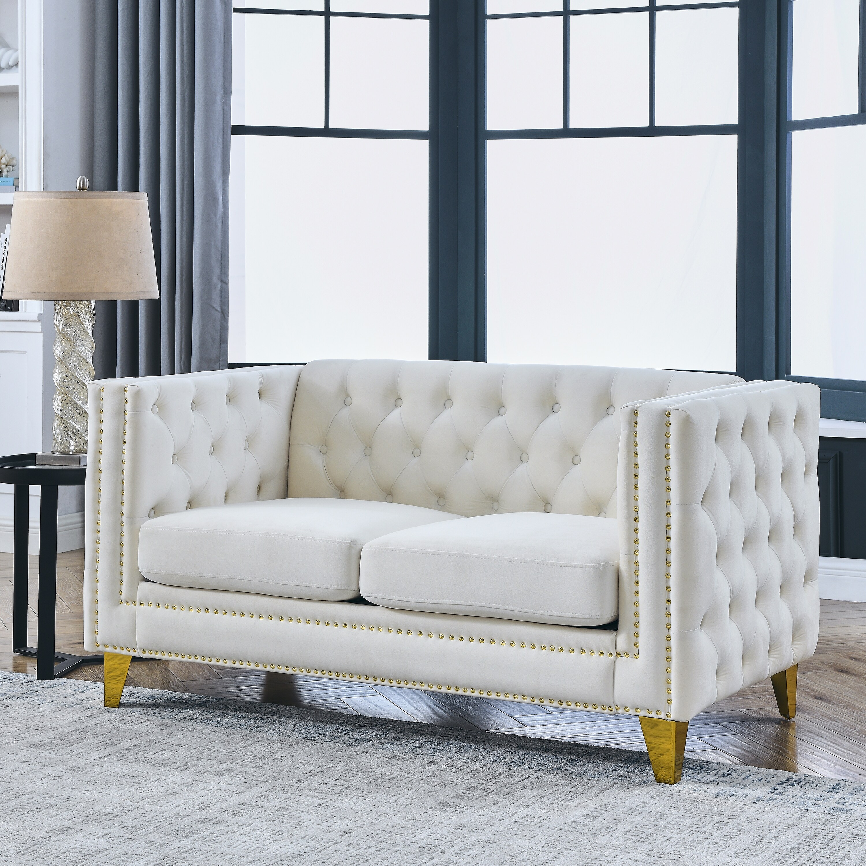 Velvet Upholstered Sofa for Living Room, Buttons Tufted Square Armrests 2 Seater Sofa Couch, Loveseat with Nailhead