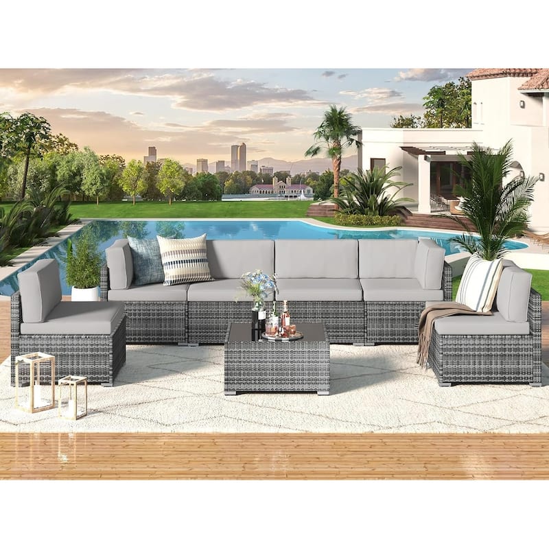 AECOJOY 7 Piece Outdoor Patio Furniture Set, PE Rattan Outdoor Wicker Sectional Furniture Chair Set with Cushions and Tea Table