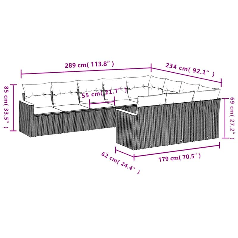 vidaXL 10/11 Piece Patio Sofa Set with Cushions Black/Gray Poly Rattan - 24.4 x 24.4 x 27.2