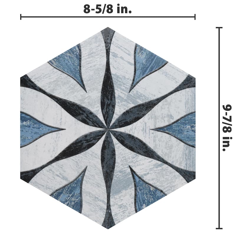 Merola Tile Cassis Hex Flower Black 8-5/8" x 9-7/8" Porcelain Floor and Wall Tile