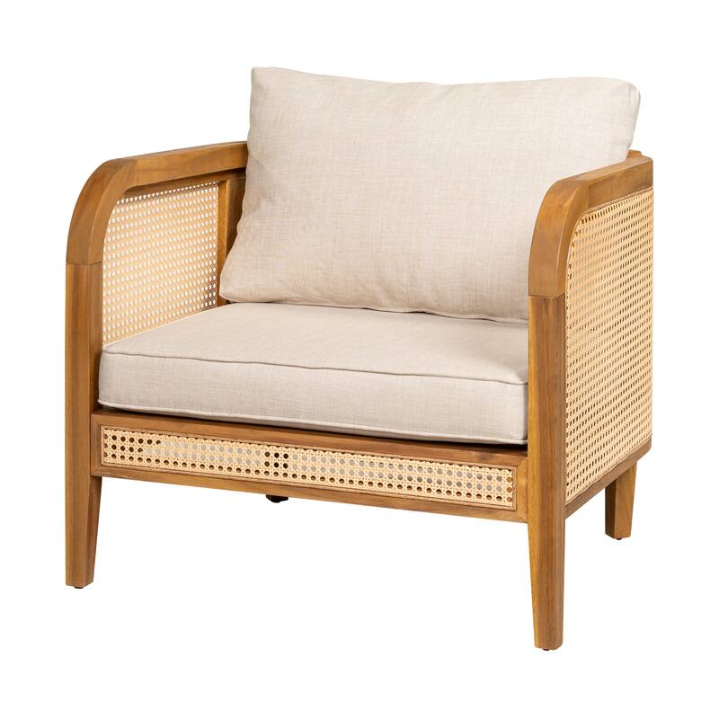 Roomfitters Kirkby Outdoor Acacia Wood Arm Chair with Wicker Back and Cushion, Teak Finish and Beige - Teak+ Beige