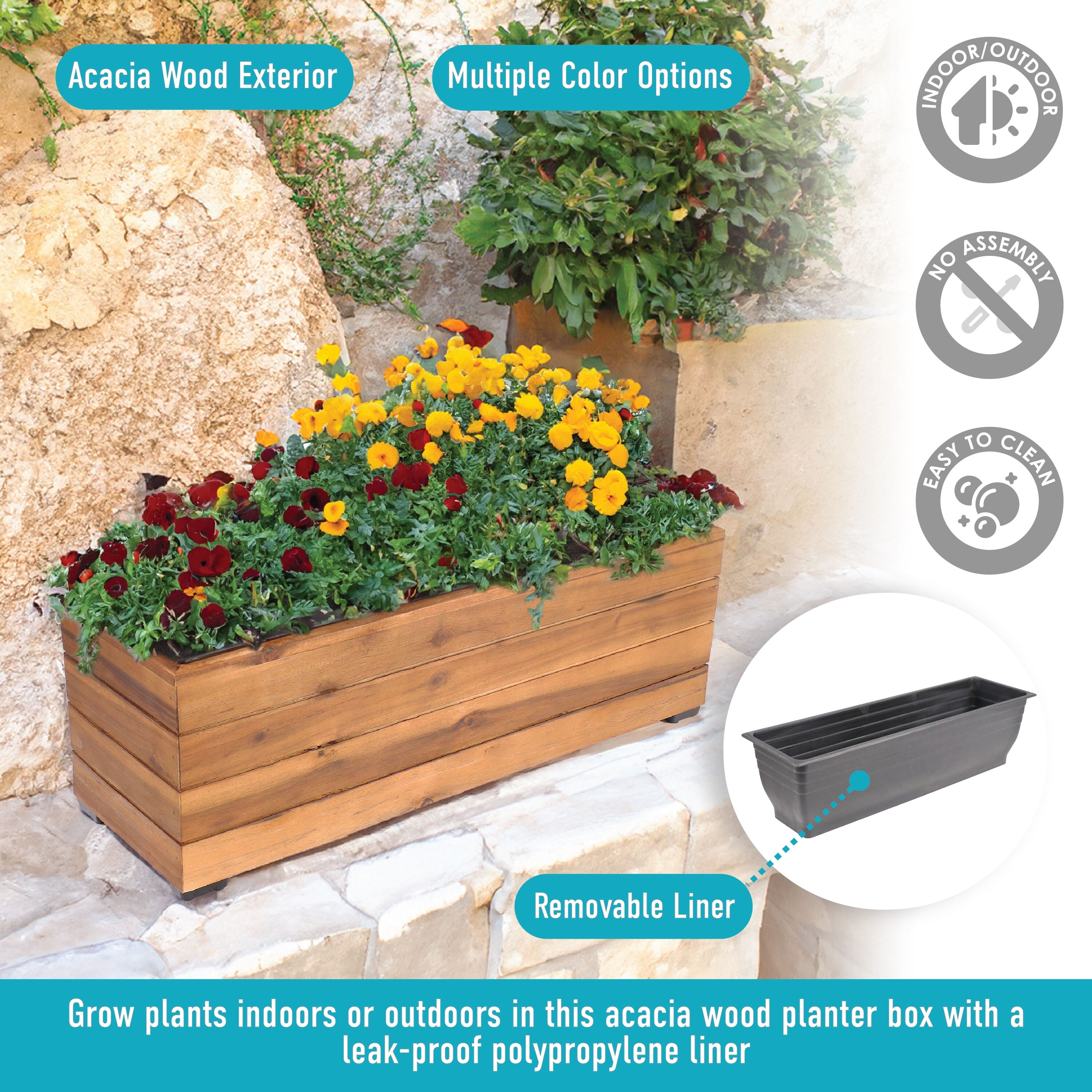 Sunnydaze Rectangular Wood Planter Box with Plastic Liner - Overstock -  39178989
