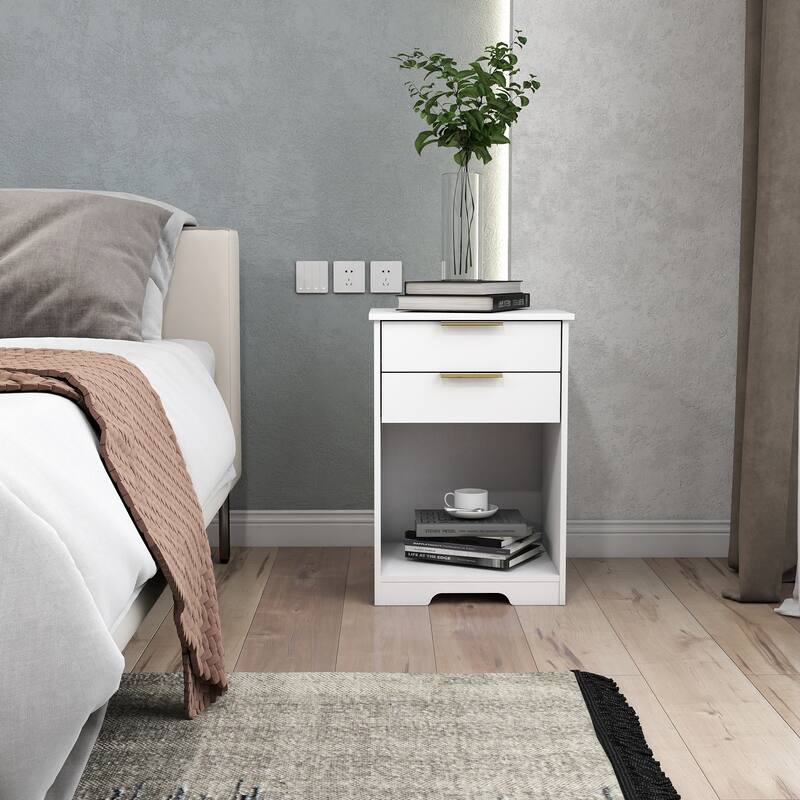 Modern White Nightstand with 2 Drawers, Open Shelf, and Golden Handles for Bedroom or Living Room
