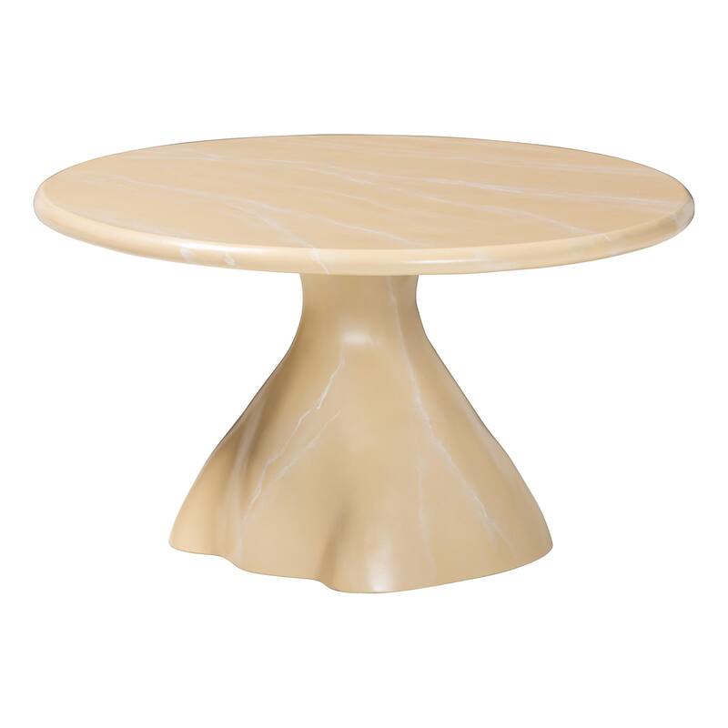 Aponi Marbled Resin Coffee Table - Sculptural Center Table with Round Top and Pedestal Base, Modern Contemporary Furniture - Cream