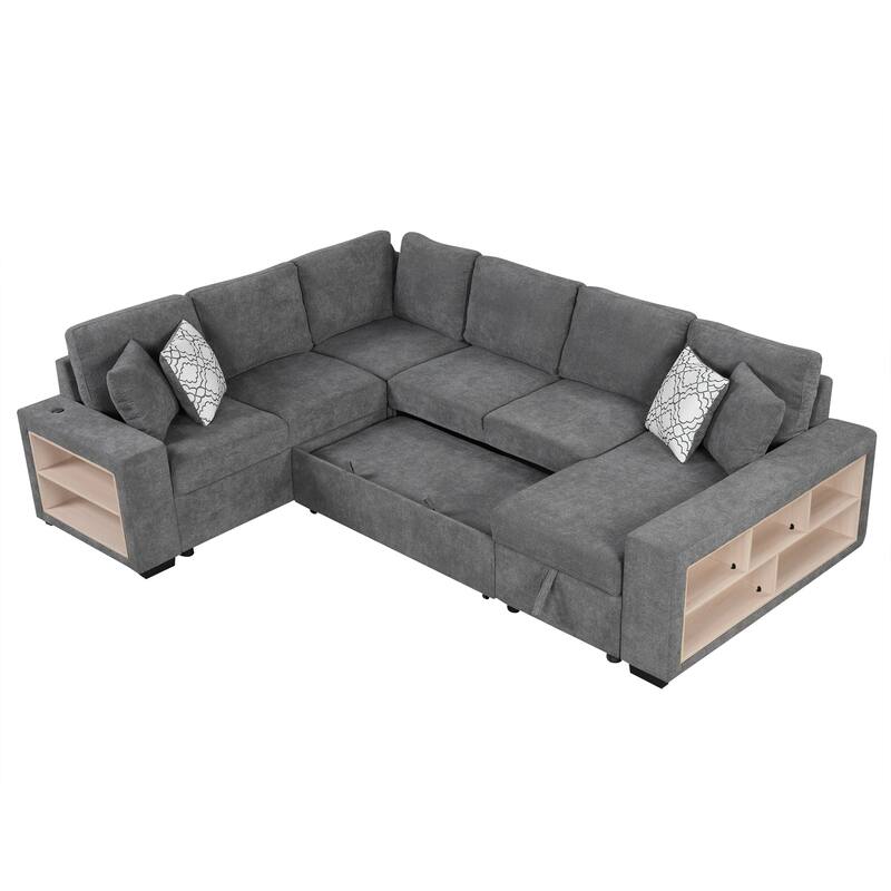 Grey 109" U-Shaped 6 Seater Sectional Sofa with Pull-Out Bed, Storage Chaise Lounge, 4 Back Pillows, and USB Charging Ports