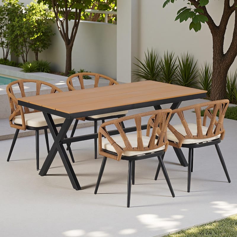 5-Piece Outdoor Patio Iron Dining Set with Rectangular Table and 4 Rope Art Cushioned Chairs - Dark yellow