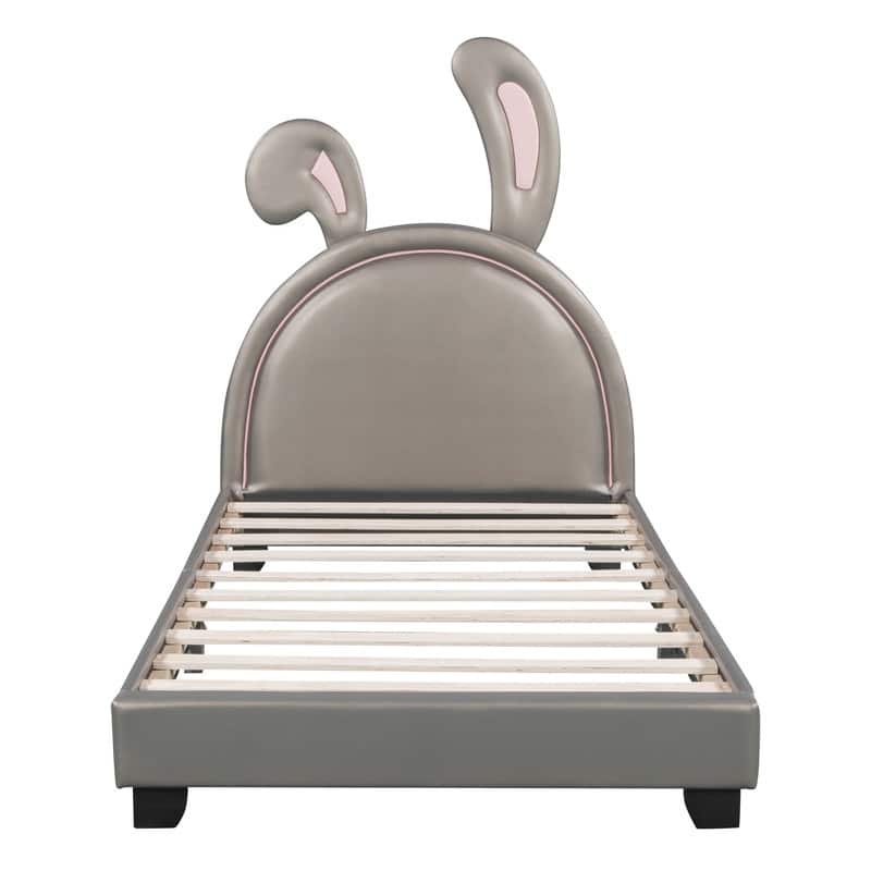 Leather Upholstered Platform Bed with Rabbit Ears Headboard, Twin/Full ...