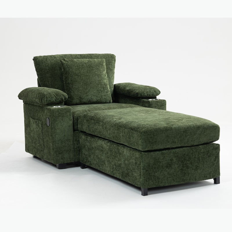 Modern Oversized Chaise Lounge Chair with Ottoman, Chenille Fabric Sofa Bed, Single Accent Chair with Cupholders, USB Ports