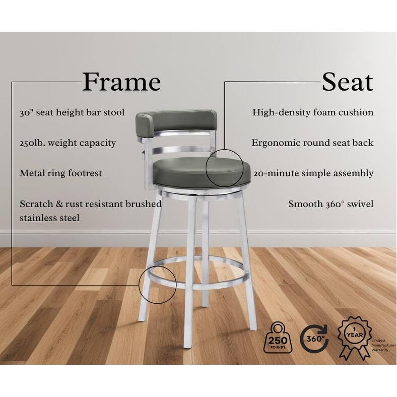 Madrid Modern Swivel Bar Stool, Upholstered Counter Height Chair with Metal Frame