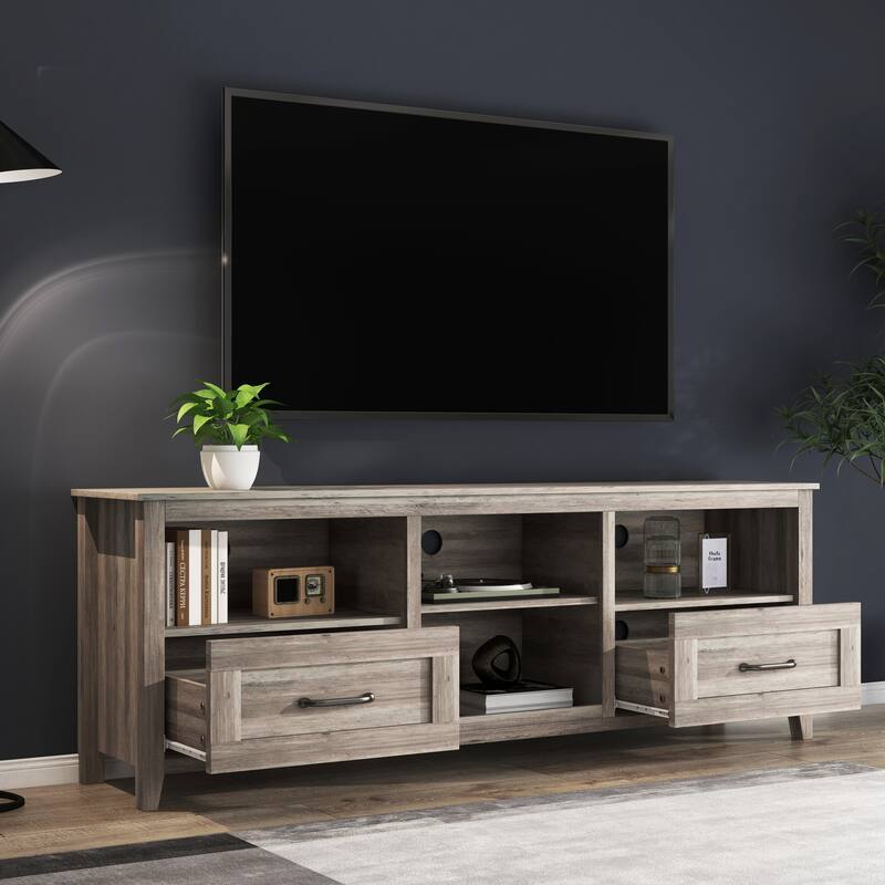 Contemporary TV Stand with 4 Open Storage Compartments and 2 Drawers, Fits 60 TVs, 70 W.
