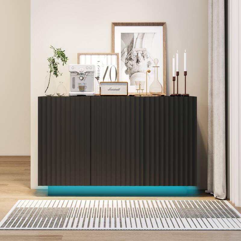 LED Carved Line 3 Door Storage Cabinet,Sideboard Buffet Cabinet With Adjustable Shelf,Large Storage Accent Cabinet - Black