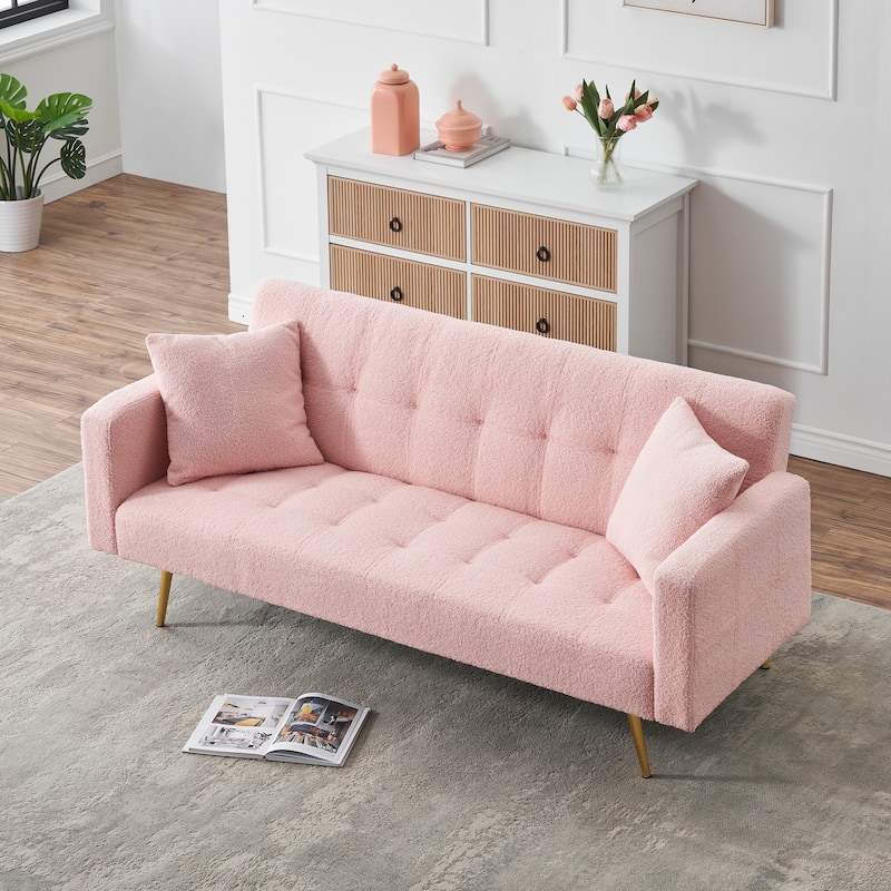 Folding Couch Teddy Fleece Sleeper Sofa Bed with Pillows and Metal Leg