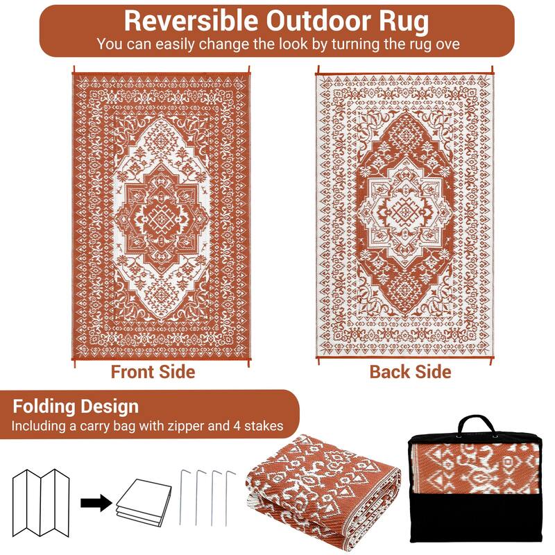 Outdoor Patio Rug Waterproof Reversible Carpet Vintage Boho Medallion Rug Plastic Straw Rug