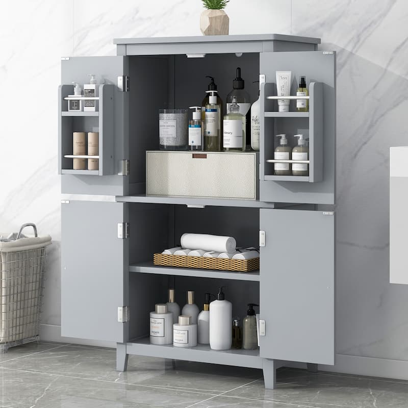 Floor Storage Cabinet, Bathroom Freestanding Cabinet with 4 Doors, Door Racks and Adjustable Shelves - Anti-tipping Device - Grey