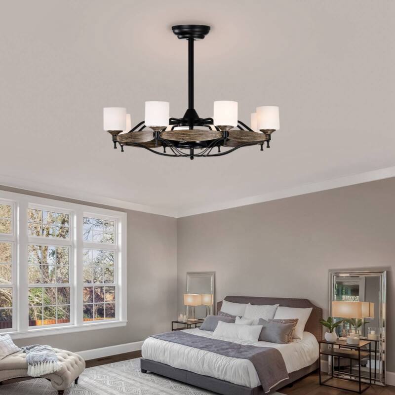 33 inch Chandelier Ceiling Fan for Bedroom Dining Room Living Room Kitchen Farmhouse Entry,Matte Black+ Wood Grain