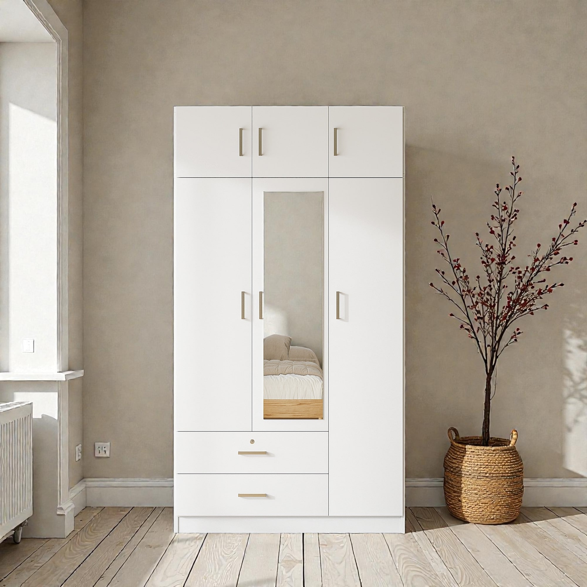 3 Door Wardrobe with Mirror, Top Cabinet and 2 Drawers, Freestanding Bedroom Armoire Closet Storage