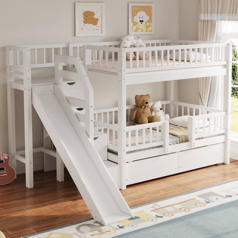 Twin Over Twin Bunk Bed with Slide, Staircase Drawers & Hidden Storage by Harper&Bright Designs - White