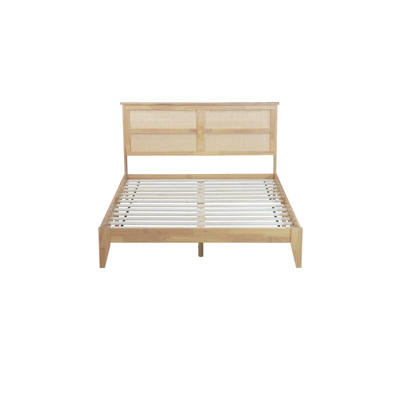 Roomfitters Queen Solid Rubber Wood Bed Frame with Rattan Headboard, Reinforced Support Feet Platform Design, White