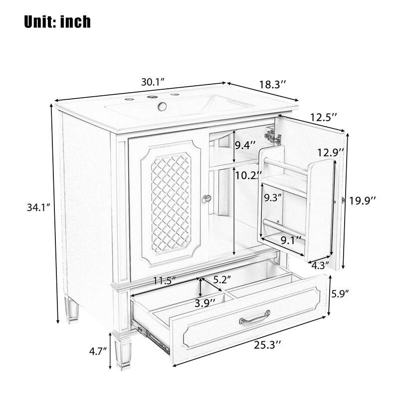 Roomfitters 30" Vintage Style Bathroom Vanity with Ceramic Sink, Customizable Storage Drawer and Soft-Close Door