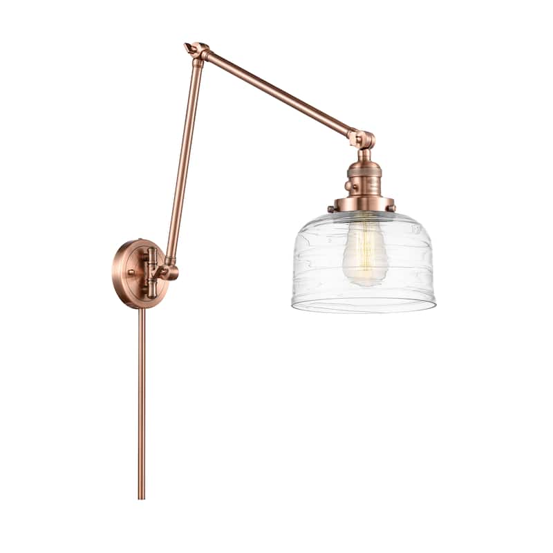Innovations Lighting Bell - 1 Light 8" Double Extension Swing Arm - 8" Shade - Plug In or Hardwired - Antique Copper/Clear Deco Swirl