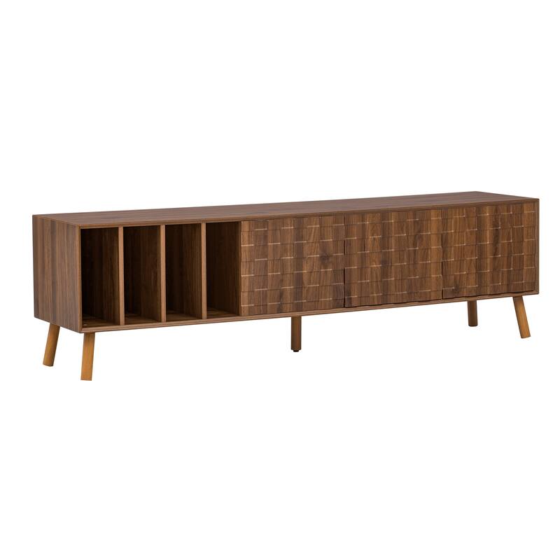 TV Stand with Sliding Doors and Shelves, Entertainment Center with Storage, Media Console Table with 5 Solid Wood Legs