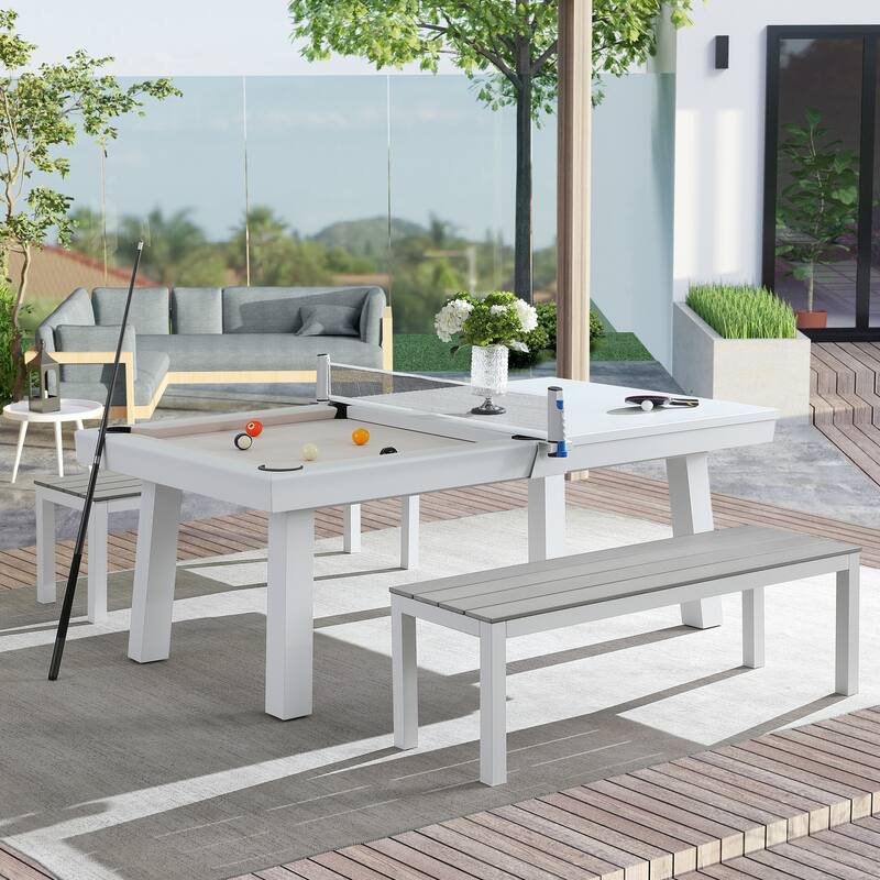 Newport Outdoor 8ft Slate Pool Table Dining Set with 2 Benches & Accessories, White Finish - White/Beige
