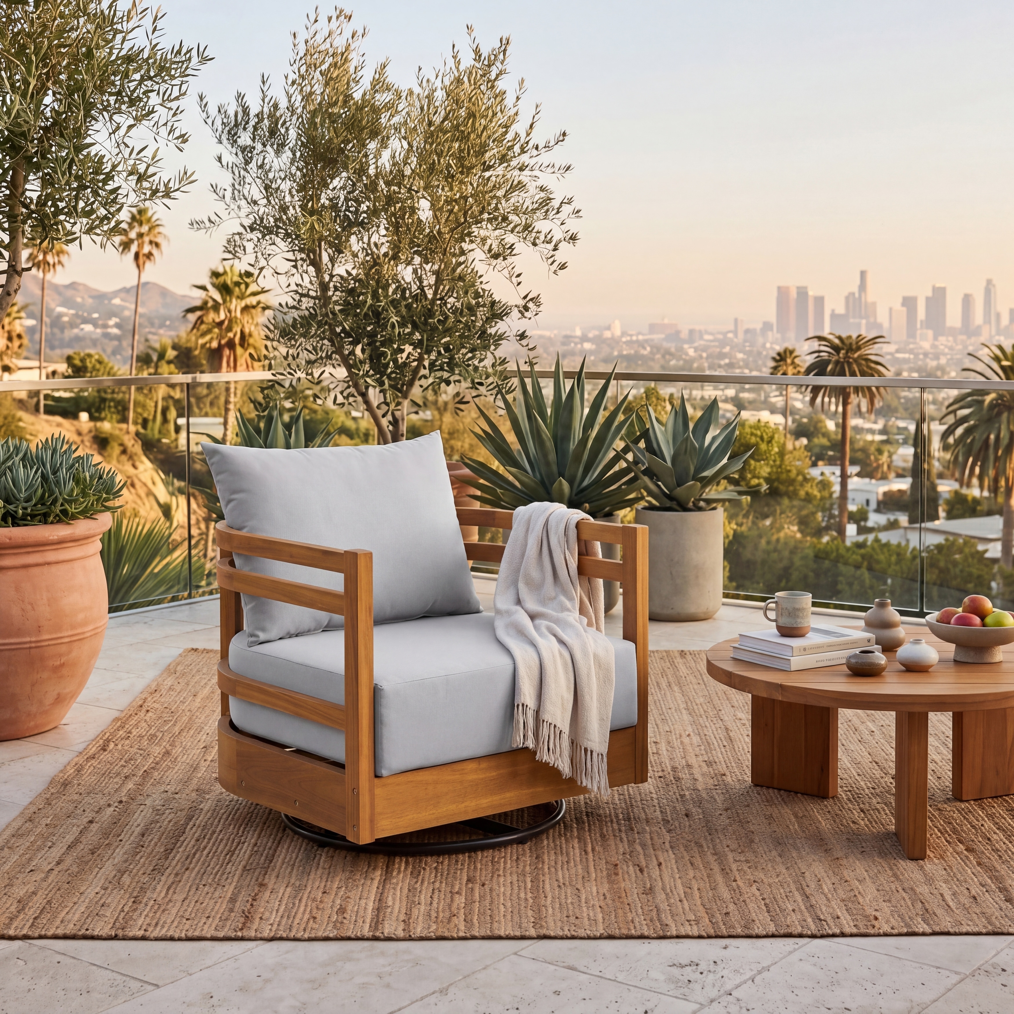 Christopher Knight Home - Elle Outdoor Swivel Patio Chair, Acacia Wood 360° Base with Removable Water-Resistant Cushions
