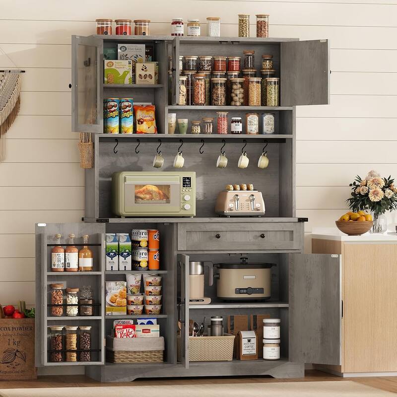 Farmhouse Kitchen Pantry Cabinet Drawer & Doors Adjustable Shelf