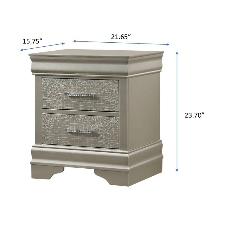 1pc Modern Glam Style Two Drawers Nightstand Solid Wood Crystal-Like Diamond Tufted Crocodile Texture Bedroom Furniture
