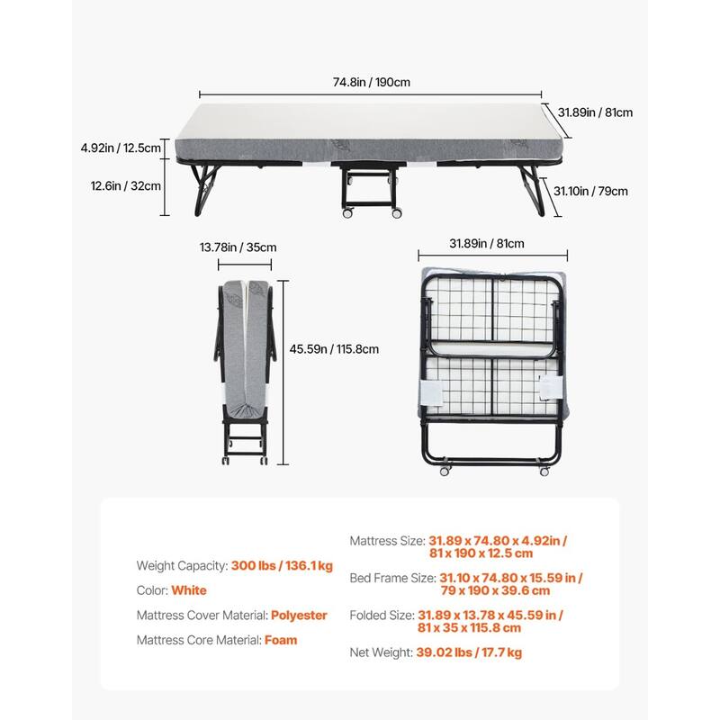 White Polyester Rollaway Folding Bed with 5 Inches Foam Mattress and Steel Frame