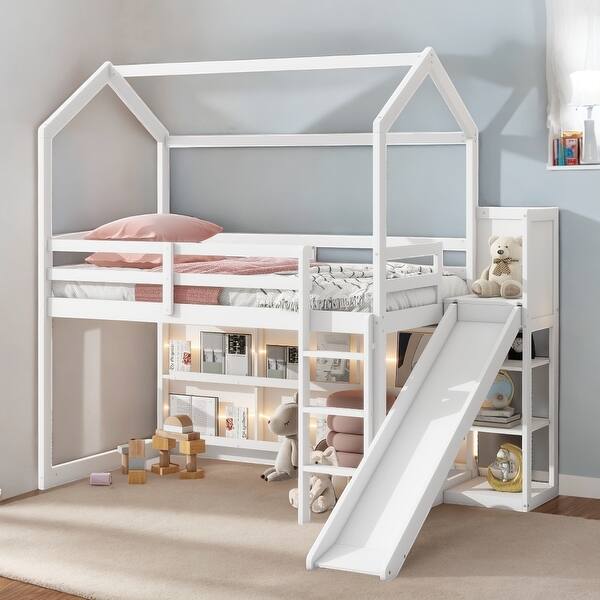 slide 2 of 12, Twin Size Wood House Loft bed with Slide, Storage shelves & Light, Climbing Ramp, White White