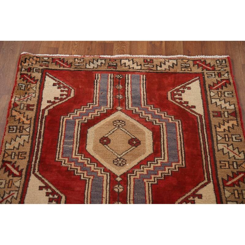 Red Ardebil Persian Runner Rug Handmade Vintage Wool Carpet - 3'0"x 12'0"