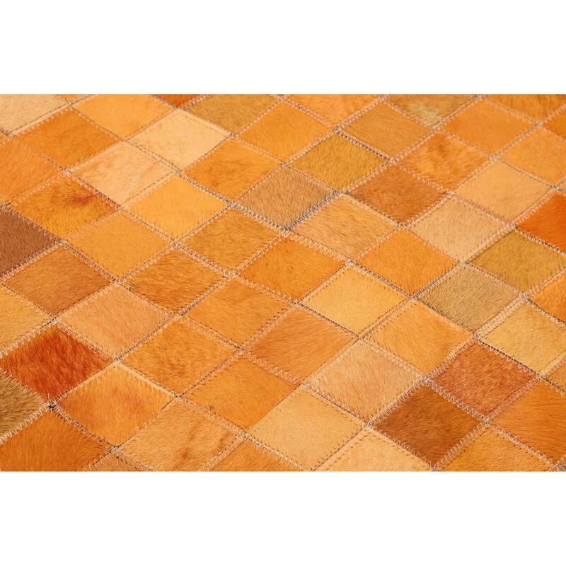 ECARPETGALLERY Handmade Cowhide Patchwork Orange Leather Rug - 6'0 x 6'0
