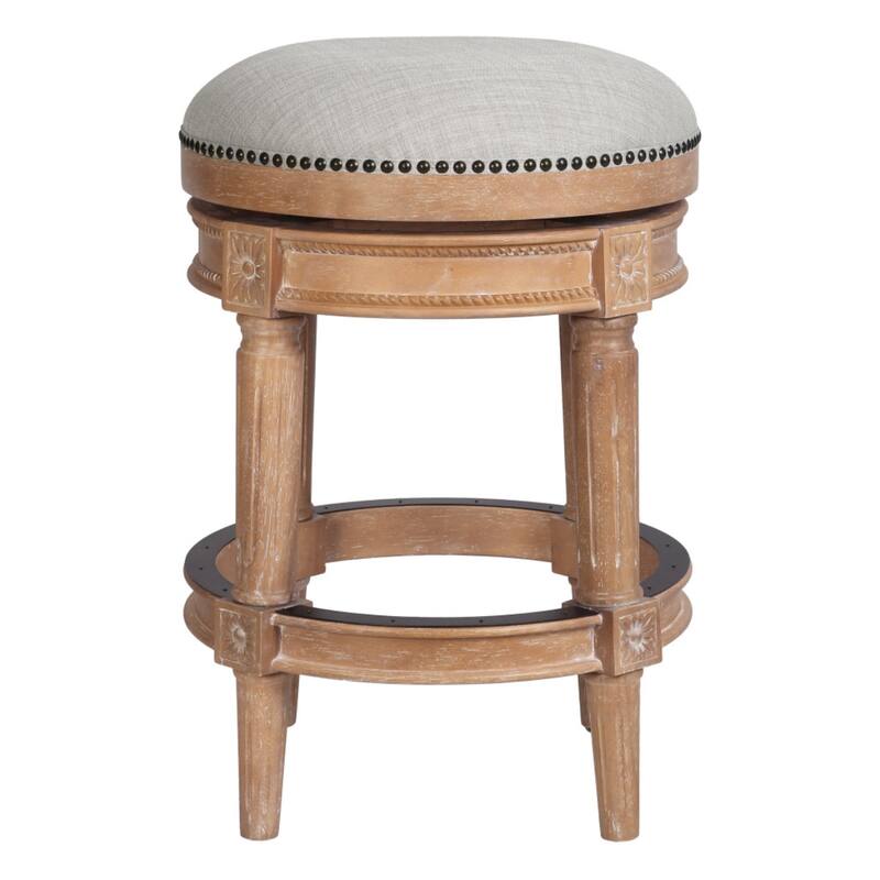 Linen Round Wood Swivel Stool with Nail Head Trim, Backless and Footrest