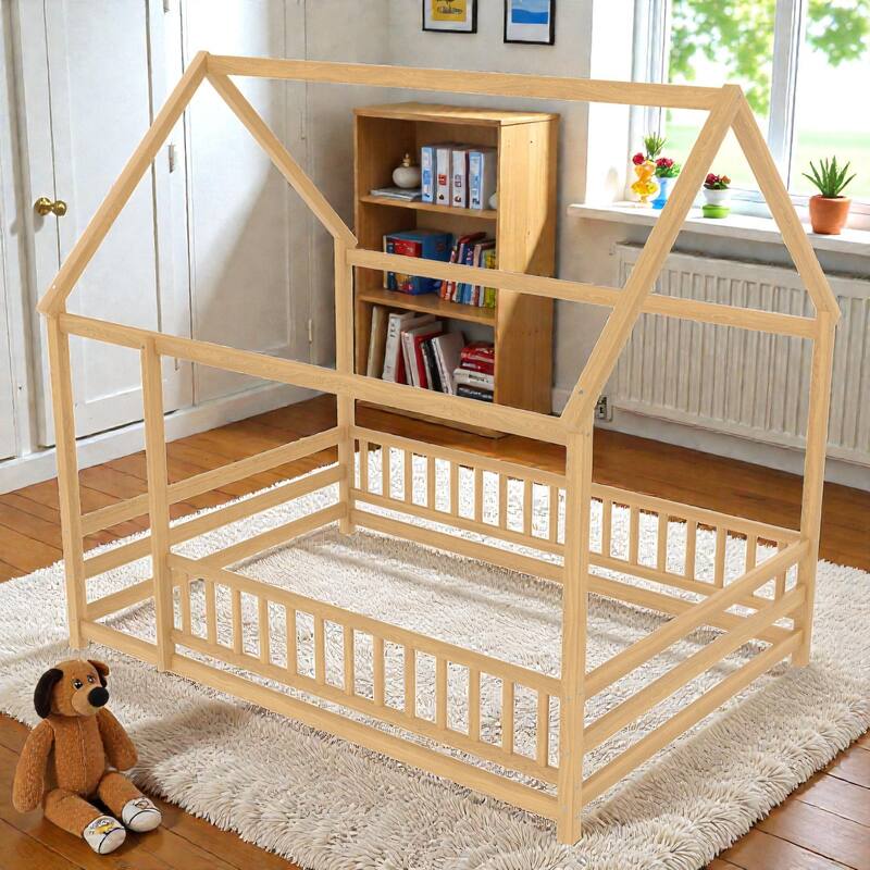 Wooden House Frame Floor Bed with Roof, Fence Guardrails, Pine Wood Kids Platform Bed for Bedroom