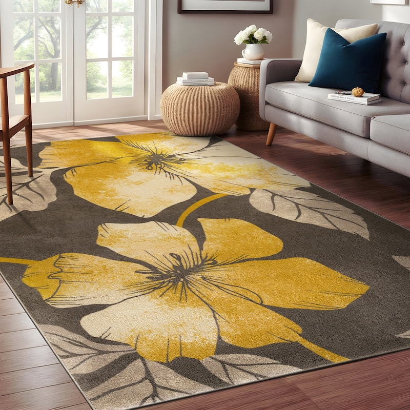 Bahamas Black White Floral Non-Slip Rubber Back Indoor Area Rug