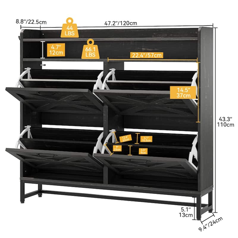 Moasis 4 Flip Drawers Farmhouse Shoe Storage Cabinet 24 PairsFreestanding Shoe Organizer - 47.2"L x 9.4"W x 43.3"H