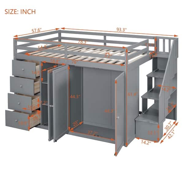 dimension image slide 1 of 2, Full Size Wood Loft Bed With Wardrobes, Cabinets and Drawers, Gray